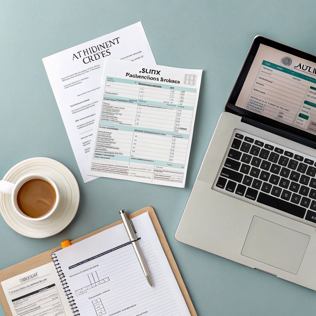 Corporate tax filing documents organized on a desk