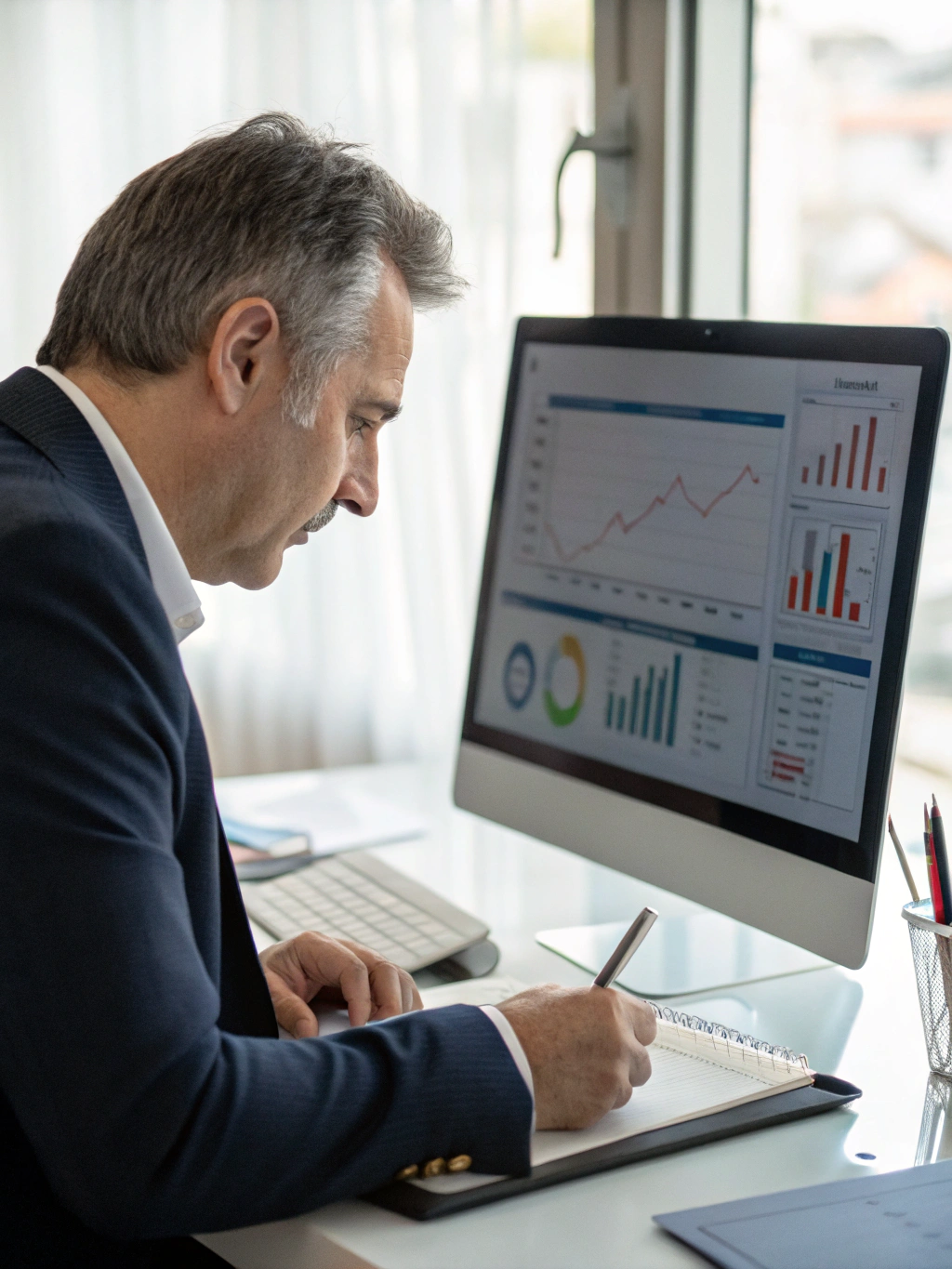 Tax professional analyzing compliance data on a digital dashboard