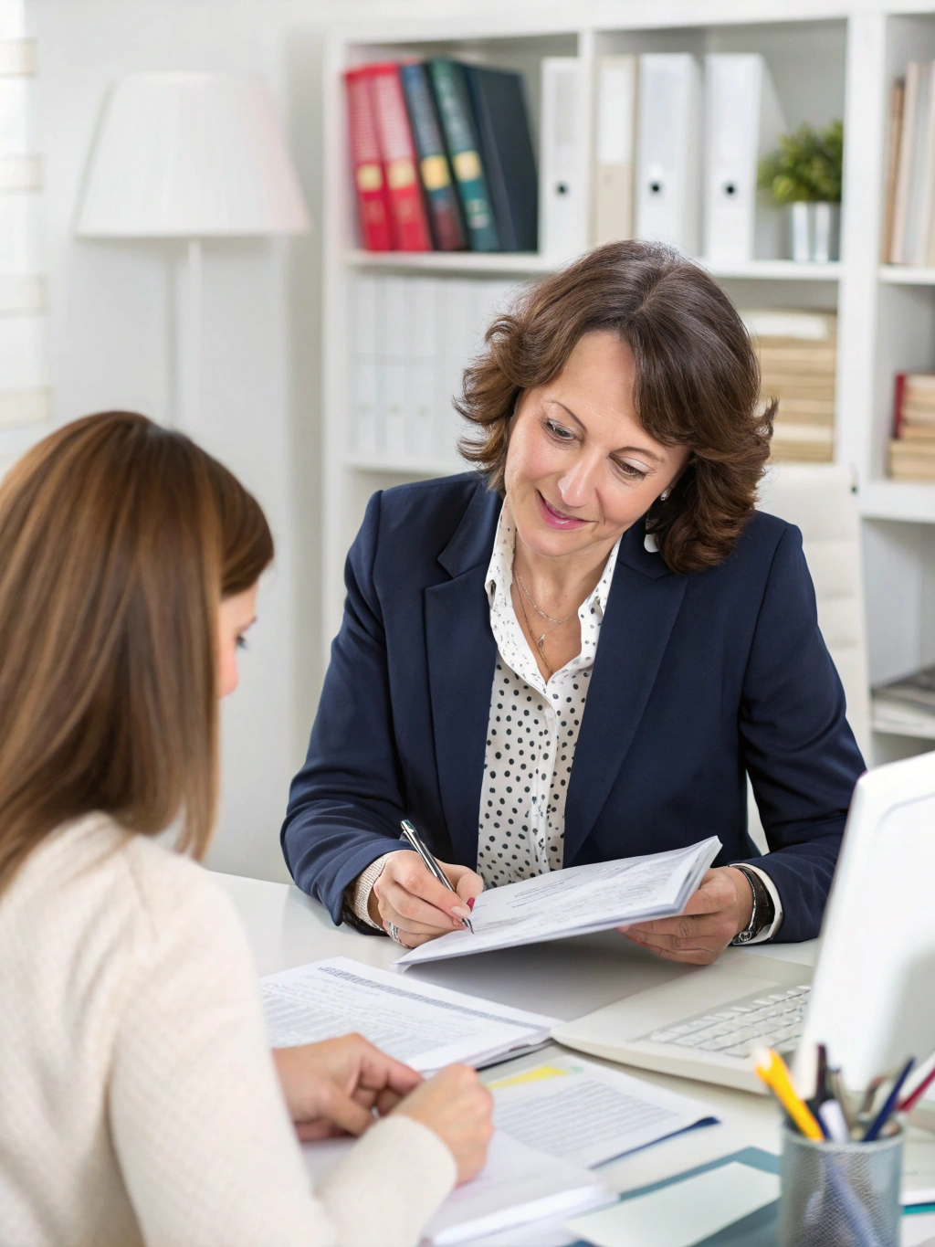 Professional tax advisor reviewing financial documents in a modern office setting
