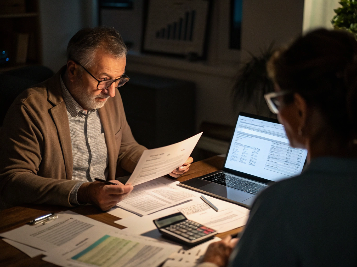 Professional tax advisor reviewing financial documents with focus